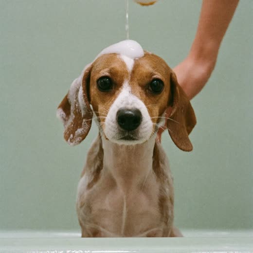 A small dog being washed in a grooming bath